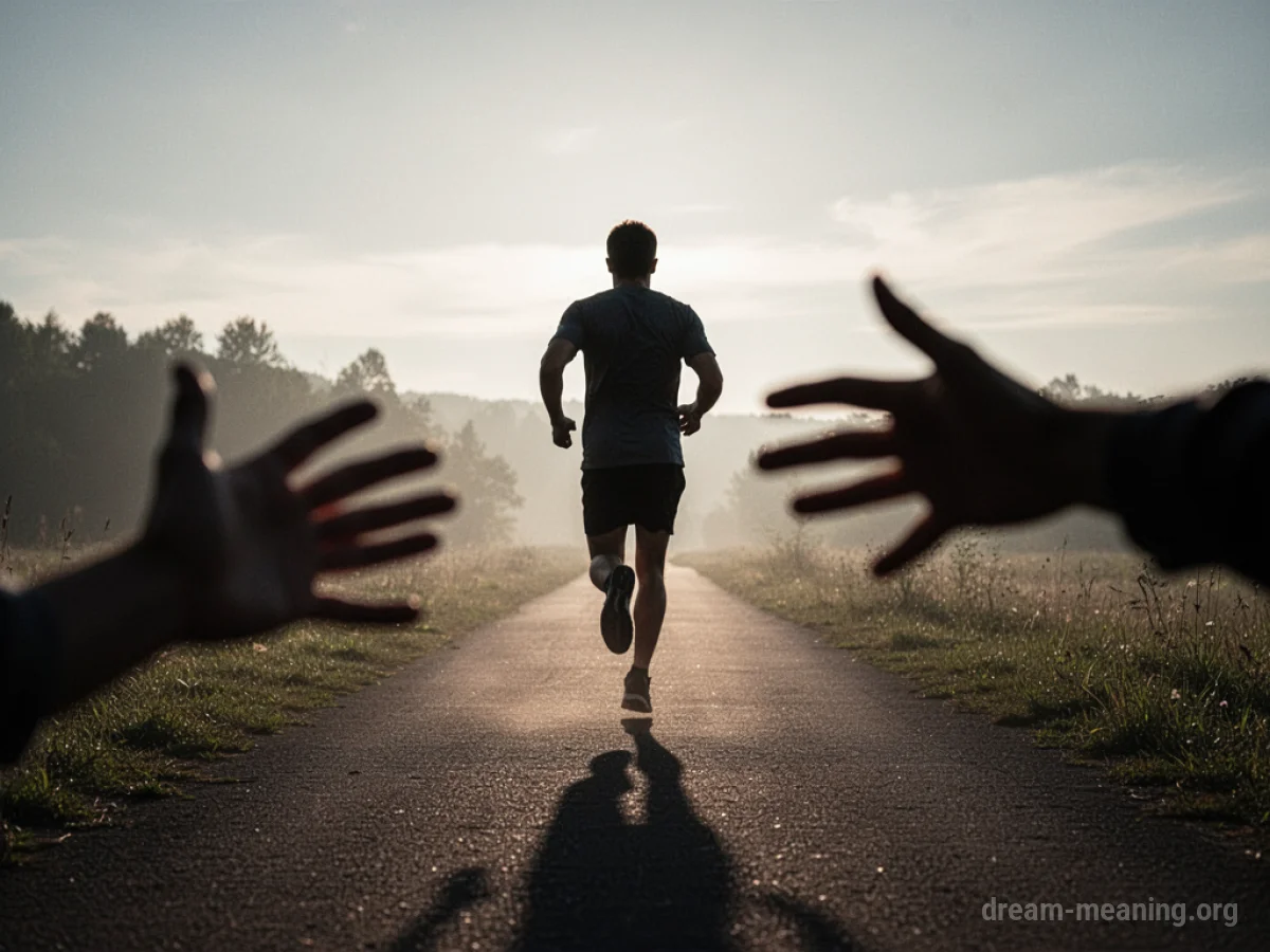 Silhouette of a person running away into a blurry background.