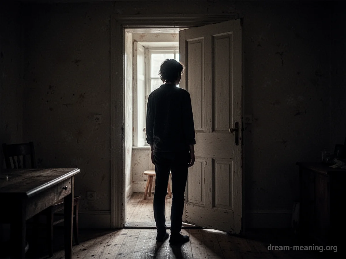 A shadowy figure standing in a doorway of a dark room.