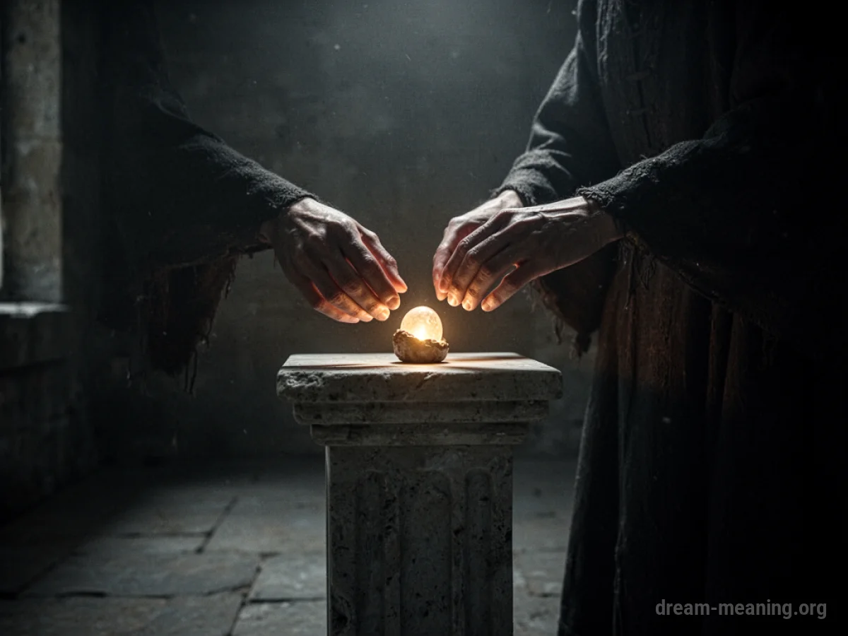 A shadowy hand returning a glowing object to a pedestal.