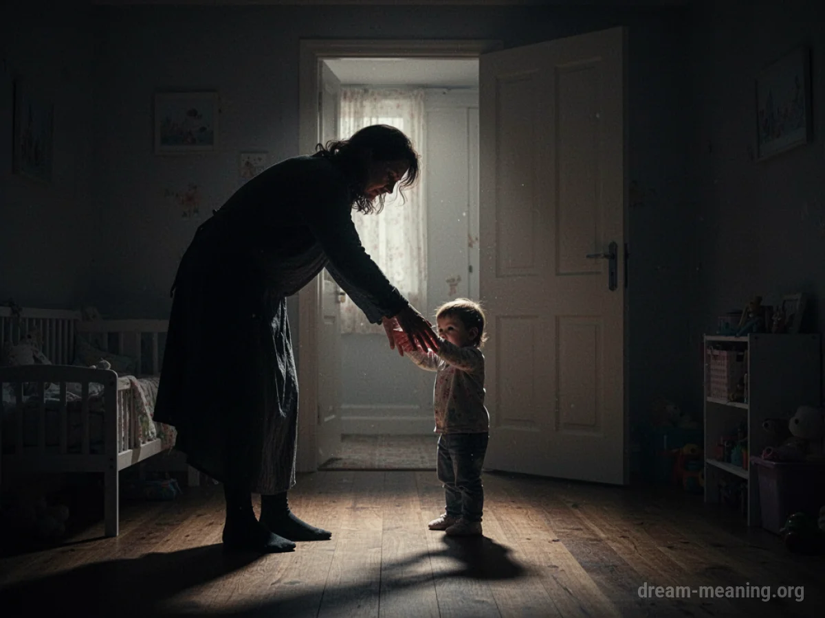 A silhouette of a person reaching towards a small child in a dark room.
