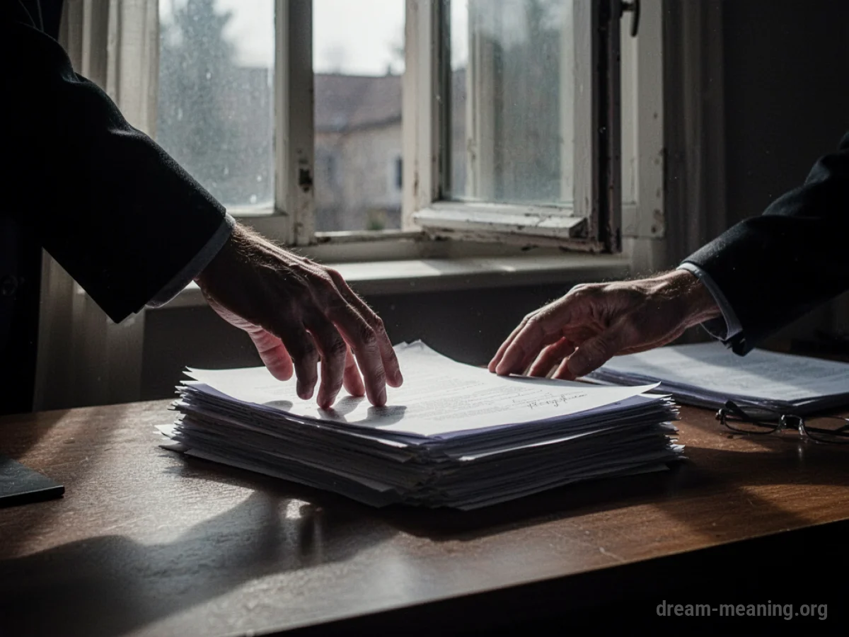 A silhouette of a hand reaching for papers on a desk.