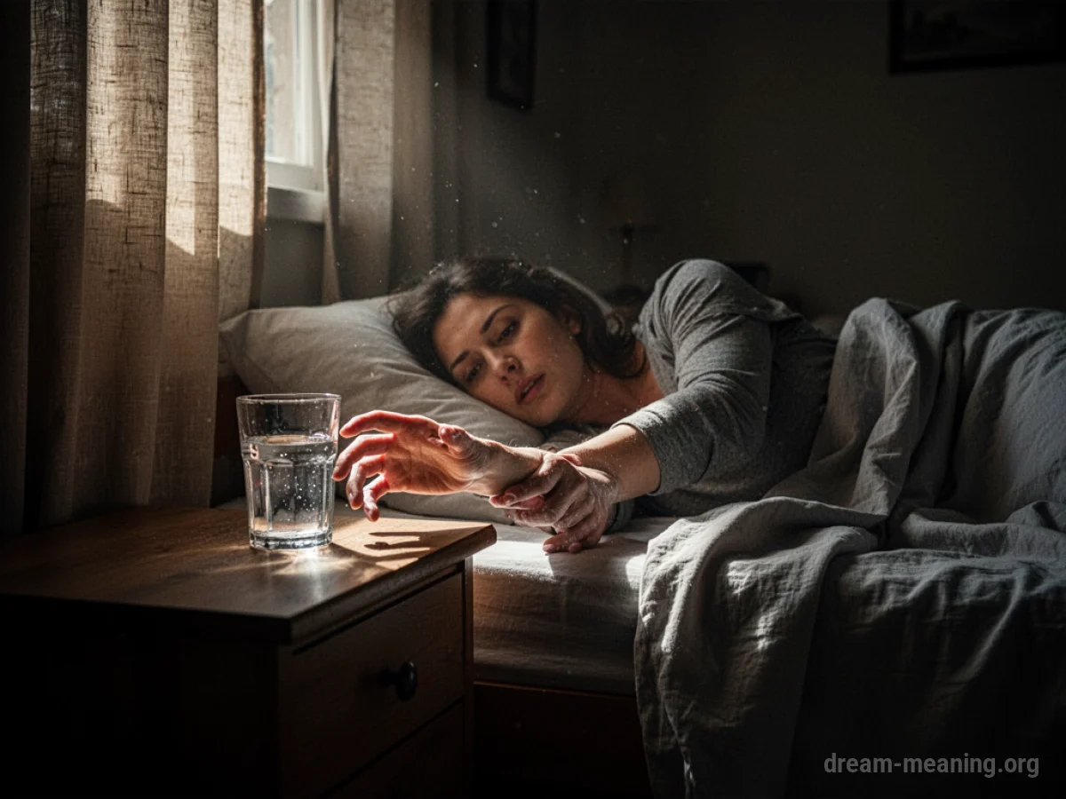 A person reaching for a glass of water in a dimly lit room.