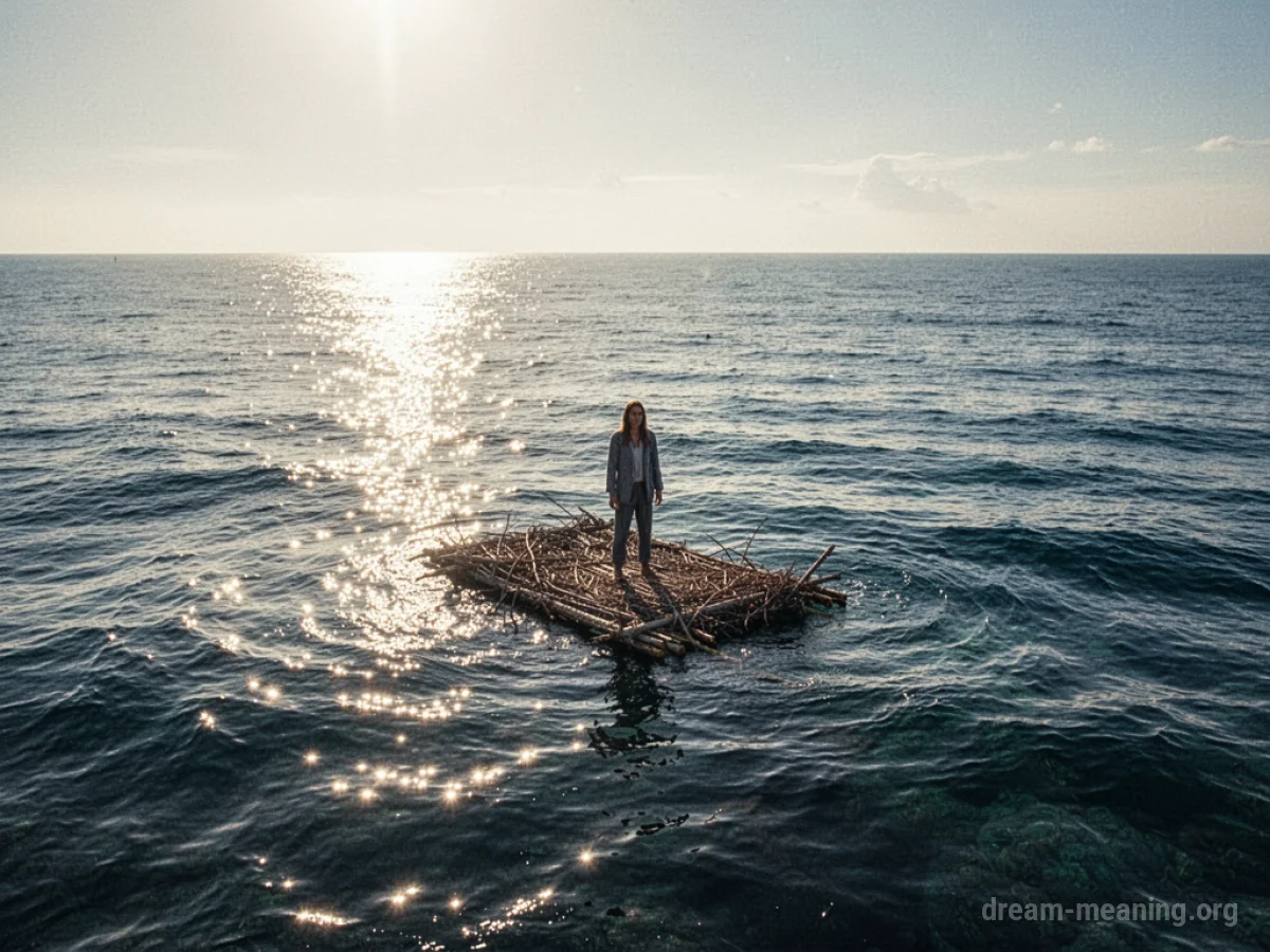 A person on a raft in a wide ocean.