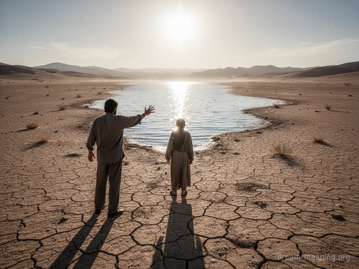 A person's hand reaching out towards a faint, shimmering image of water in a desert.
