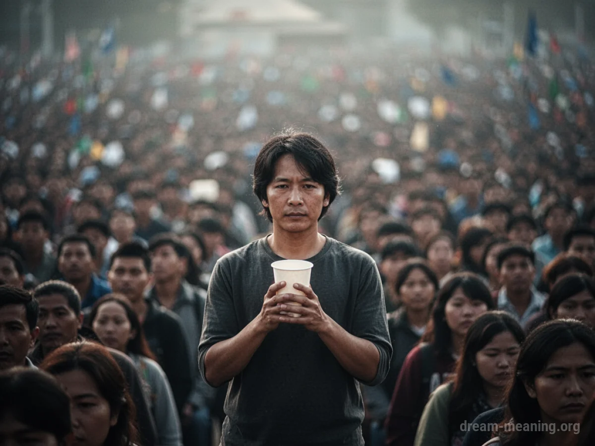A silhouette of a person holding an empty cup in a dense crowd.