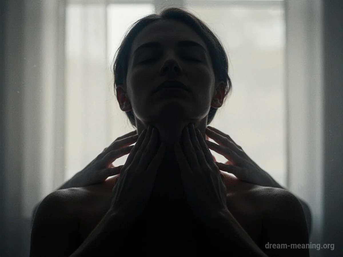 Silhouette of a person with shadowy hands near their throat.