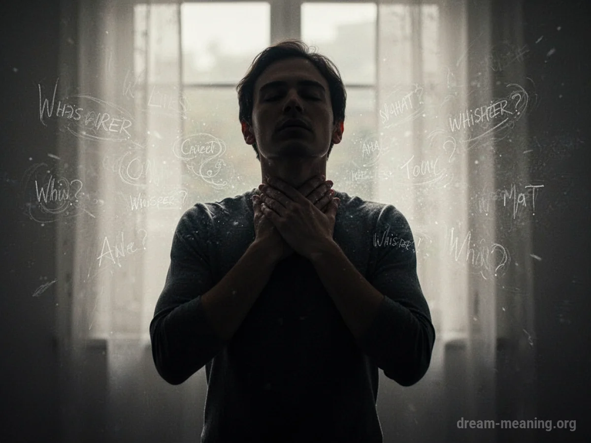 Silhouette of a person with hands covering their throat and faint shapes suggesting sound or words around them.