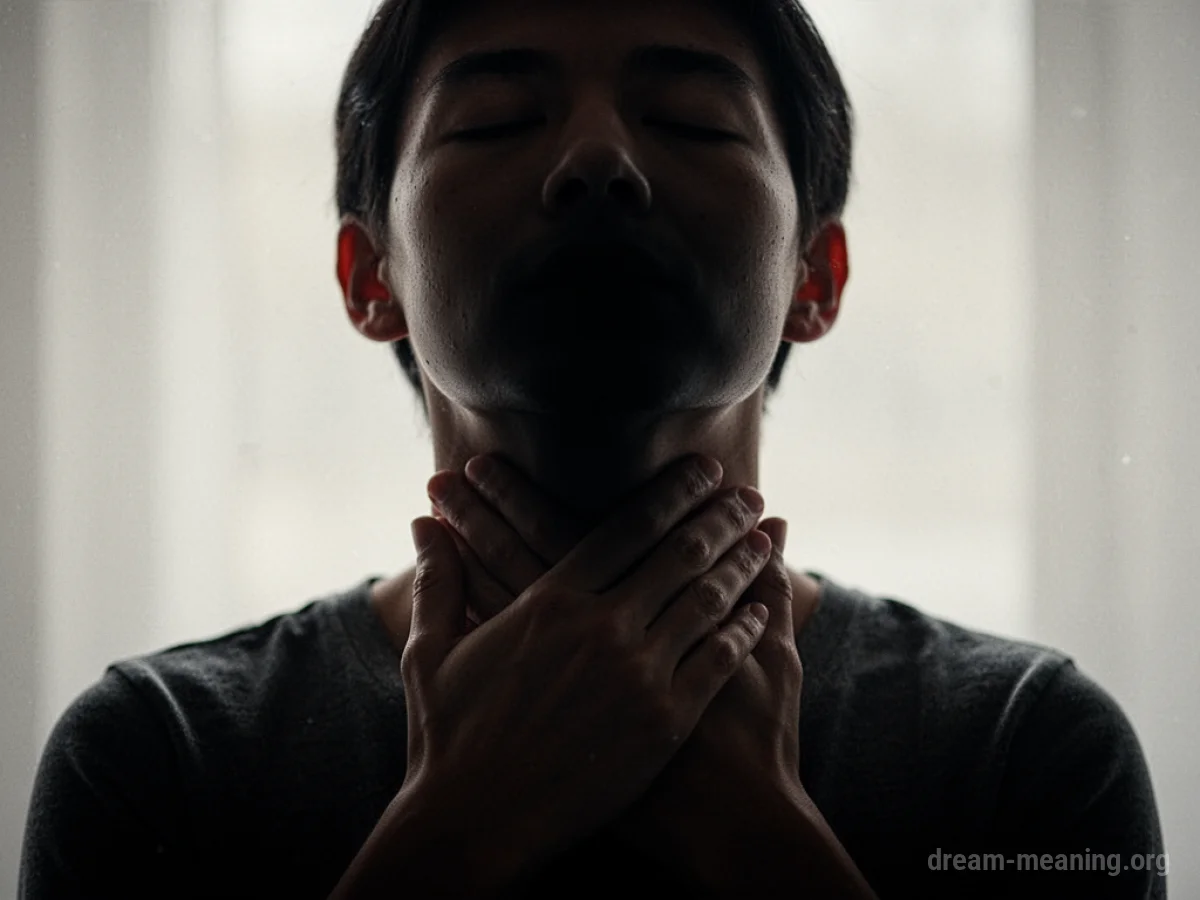 Silhouette of a person holding their hand to their throat.