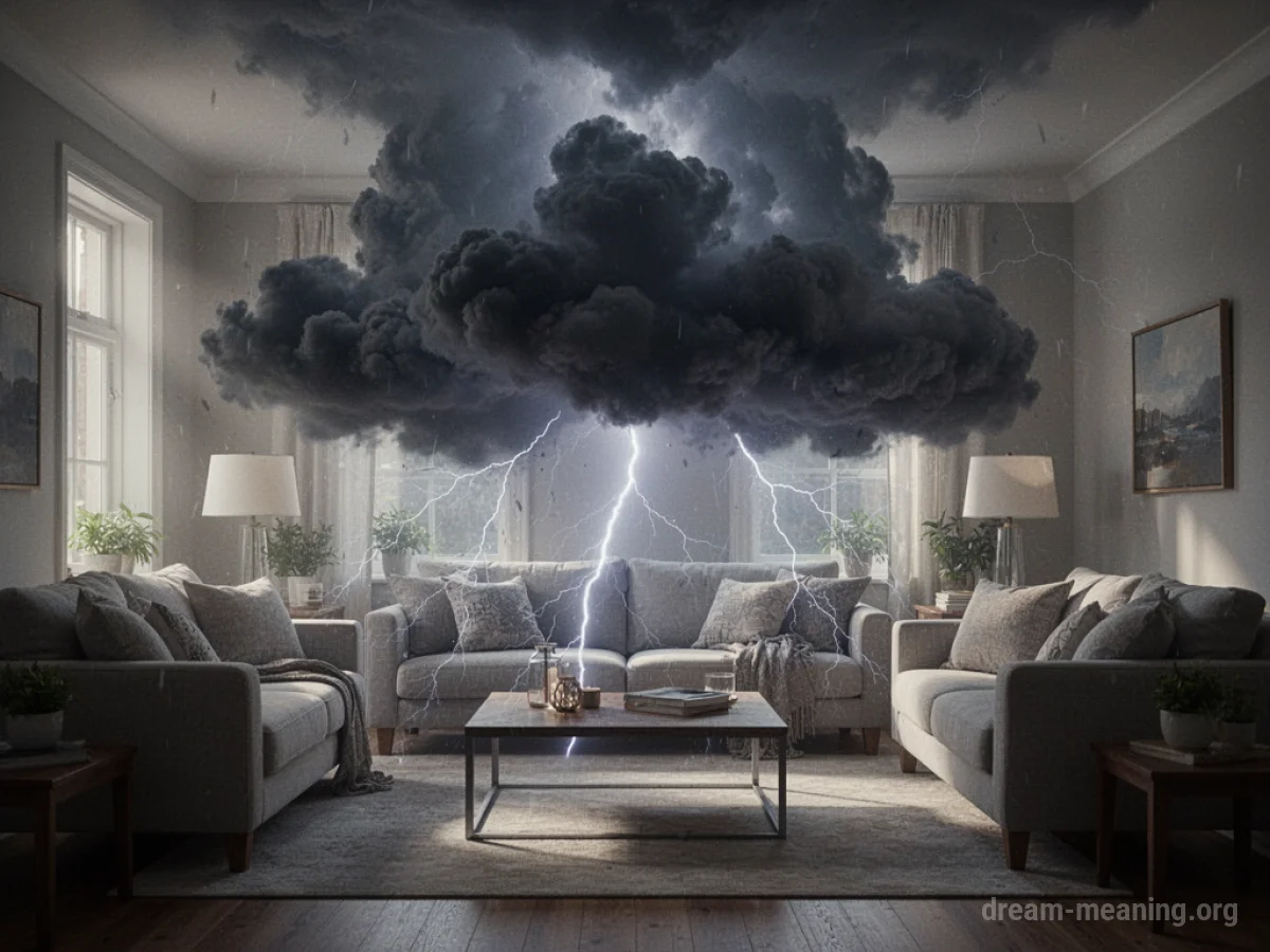 A dark storm cloud is suspended indoors within a living room.