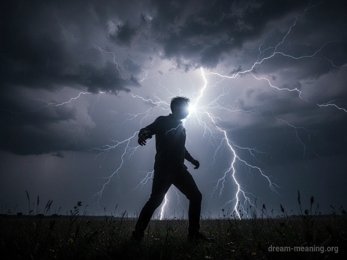 Silhouette of a person recoiling from a lightning flash.
