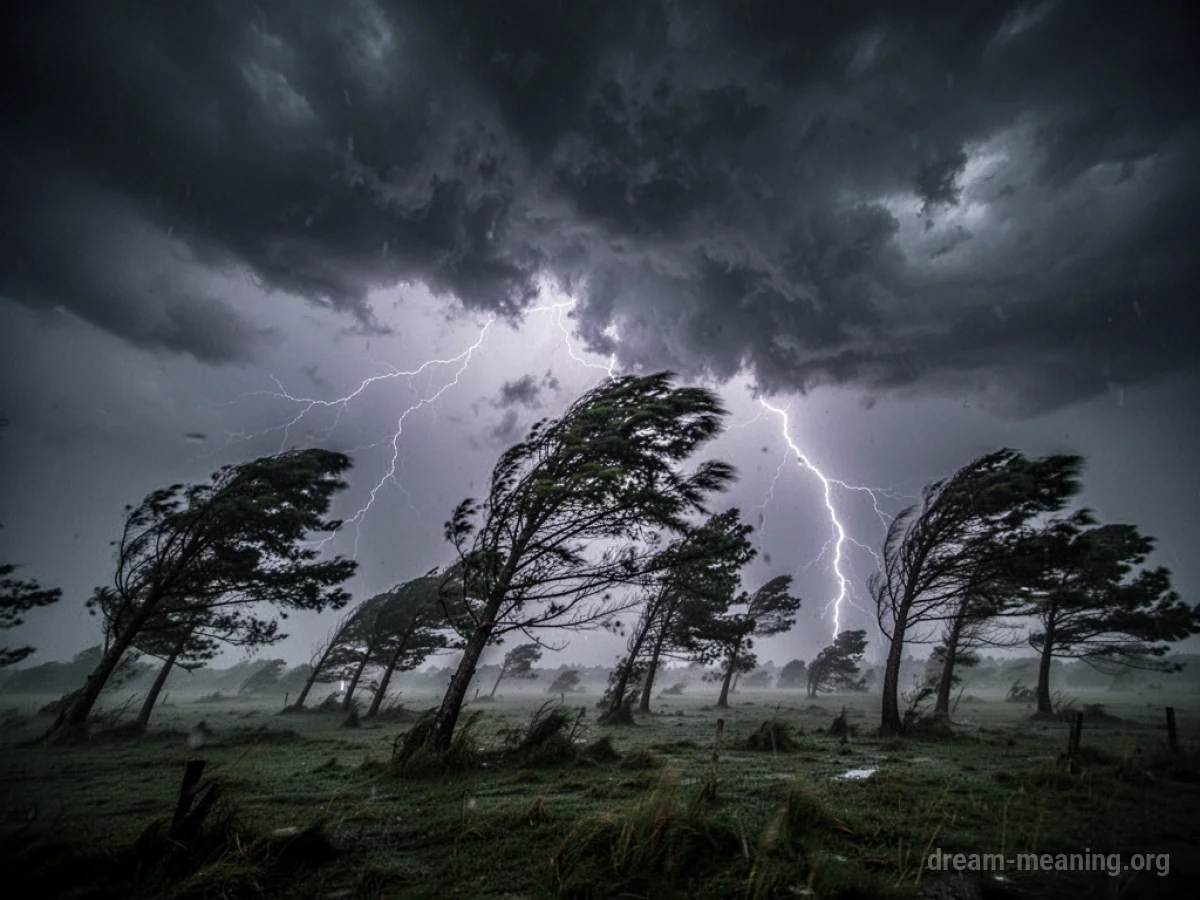 A dark sky with lightning and trees being blown by strong winds.