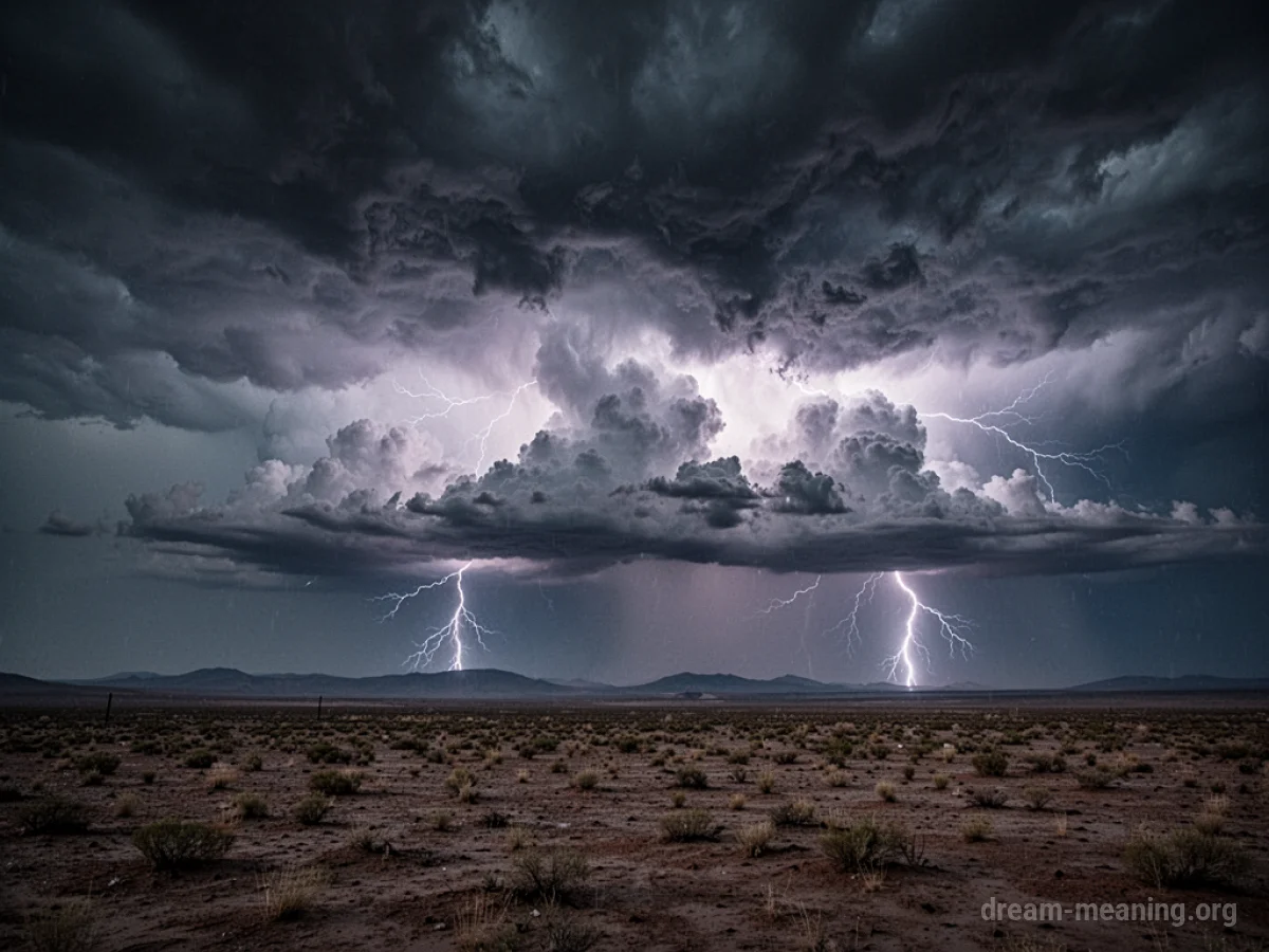 Lightning flashes in a dark sky above a dry, empty landscape.
