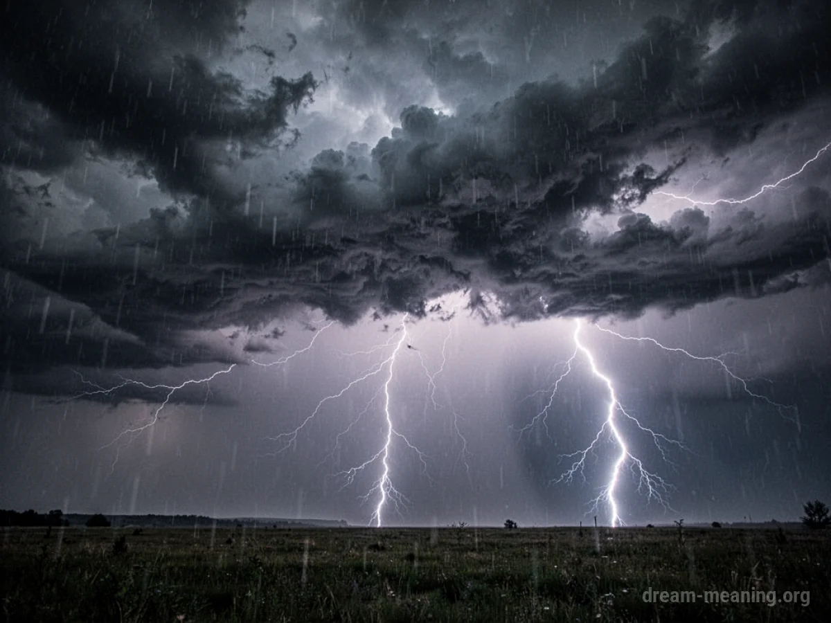 A dark sky with lightning and heavy rain.