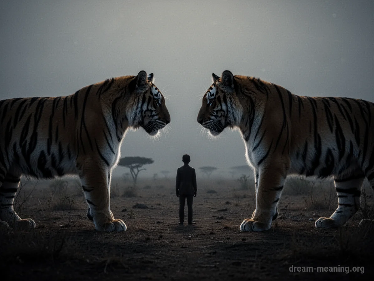 A large tiger looms over a small silhouette of a child.