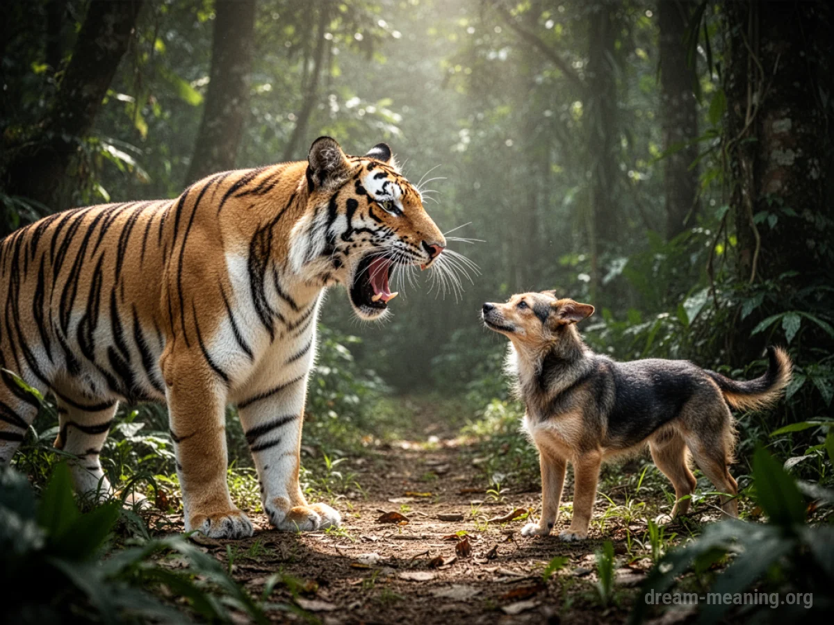 A tiger with its jaws open towards a dog in a jungle setting.