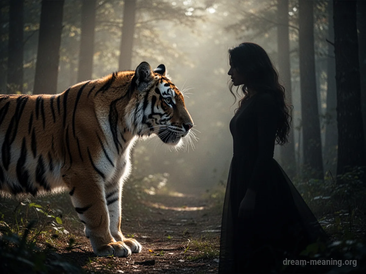 Silhouette of a tiger facing a silhouette of a woman.