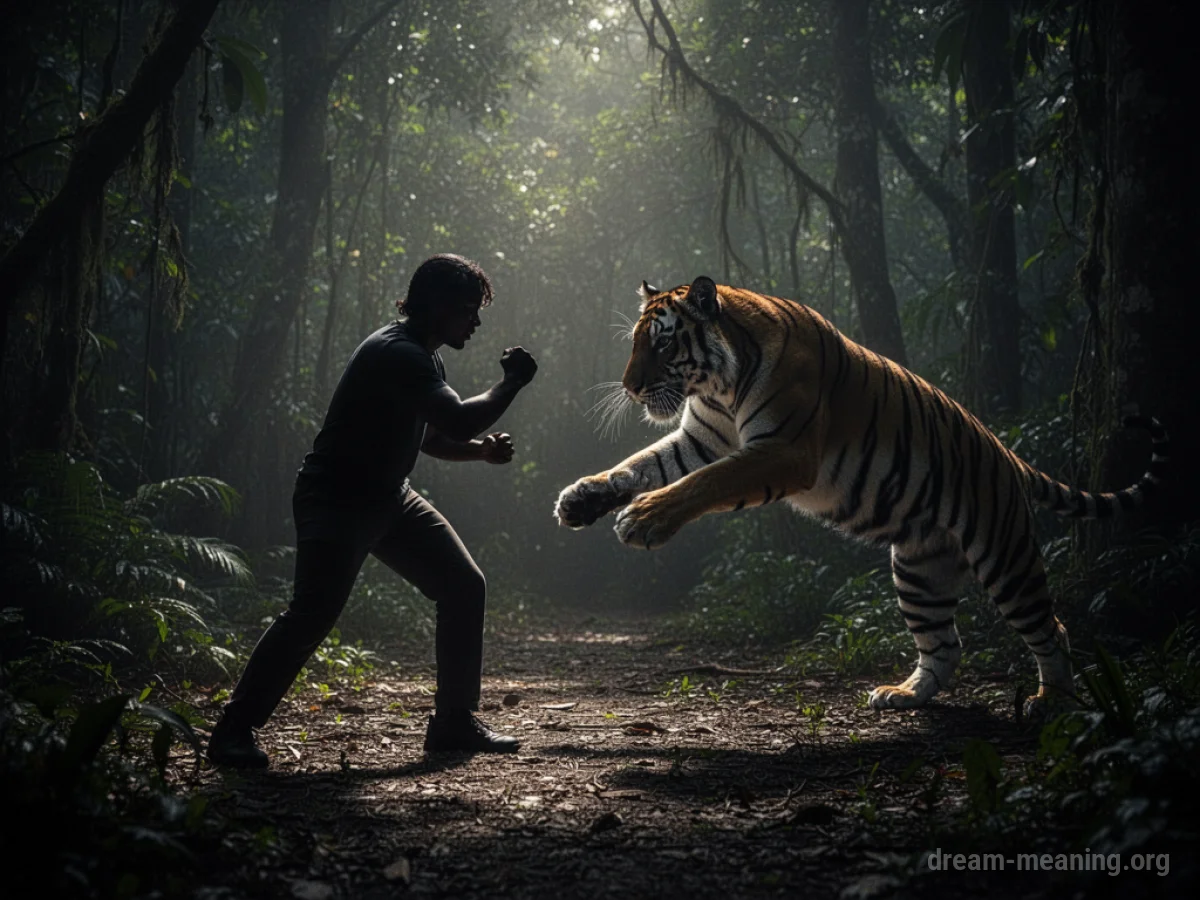 Silhouette of a person facing a shadowy tiger lunging forward.
