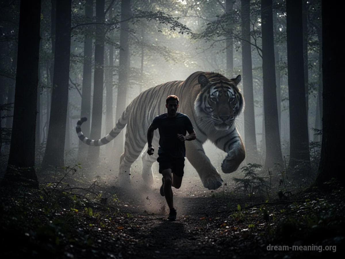 A person running away from a shadowy tiger in a dark forest.