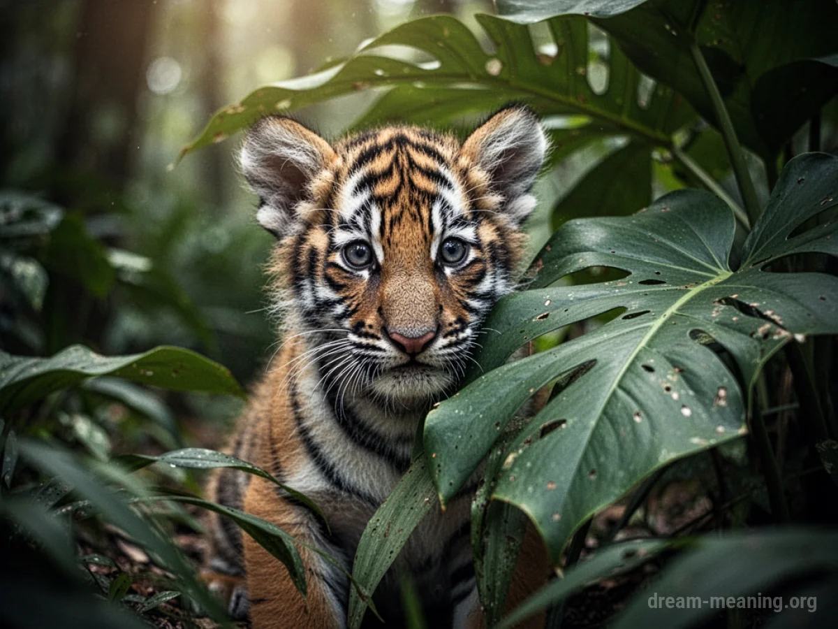 A small tiger cub with orange and black stripes.