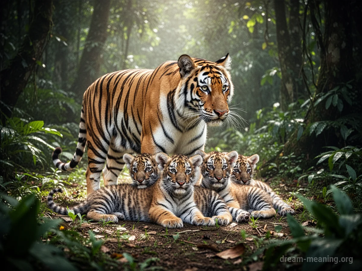 A mother tiger stands alert over three small cubs in a grassy area.