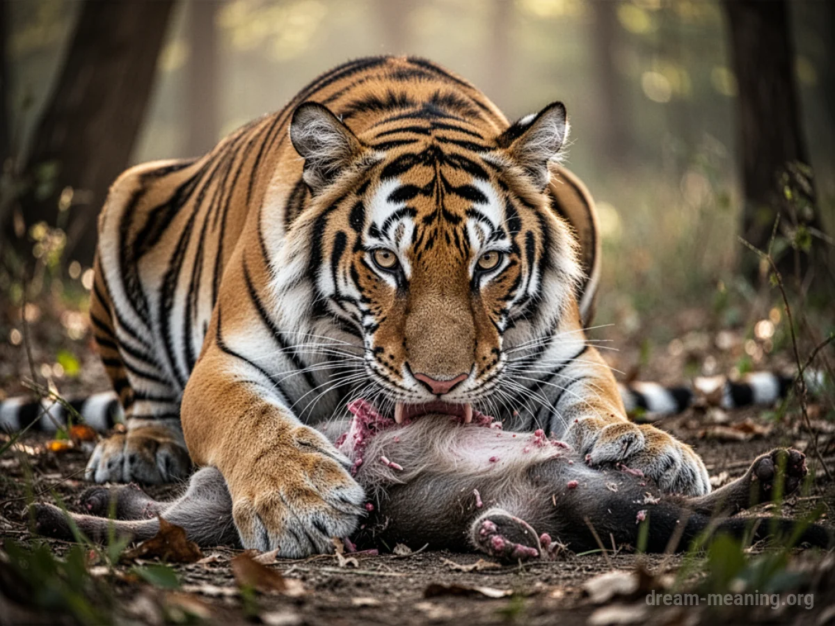A tiger with its head lowered, eating meat.