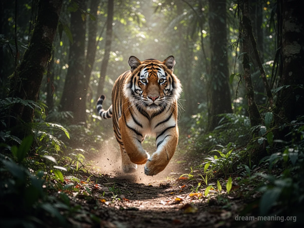 A tiger running freely through a jungle.