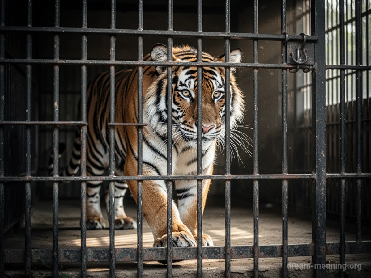 A tiger pacing within a metal cage.
