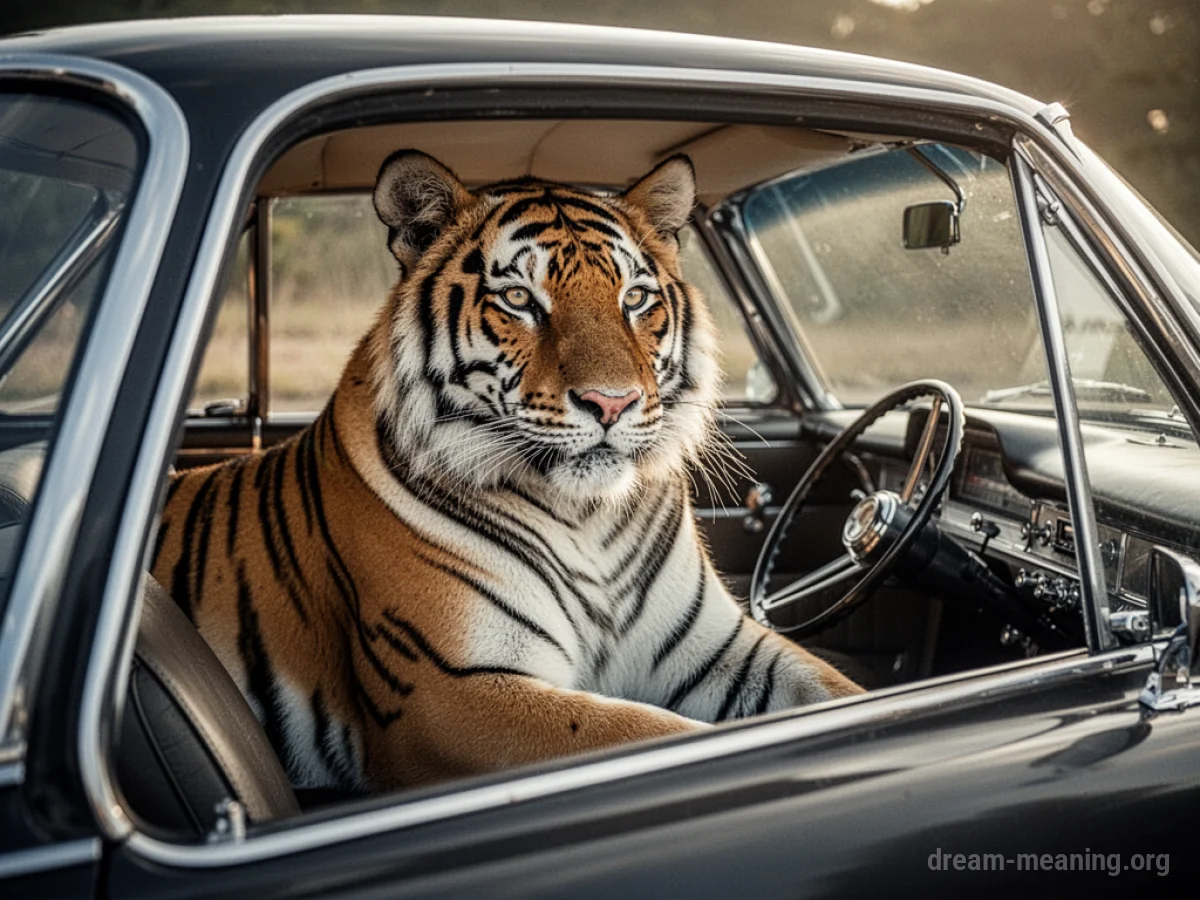 A tiger is in the driver's seat of a car.