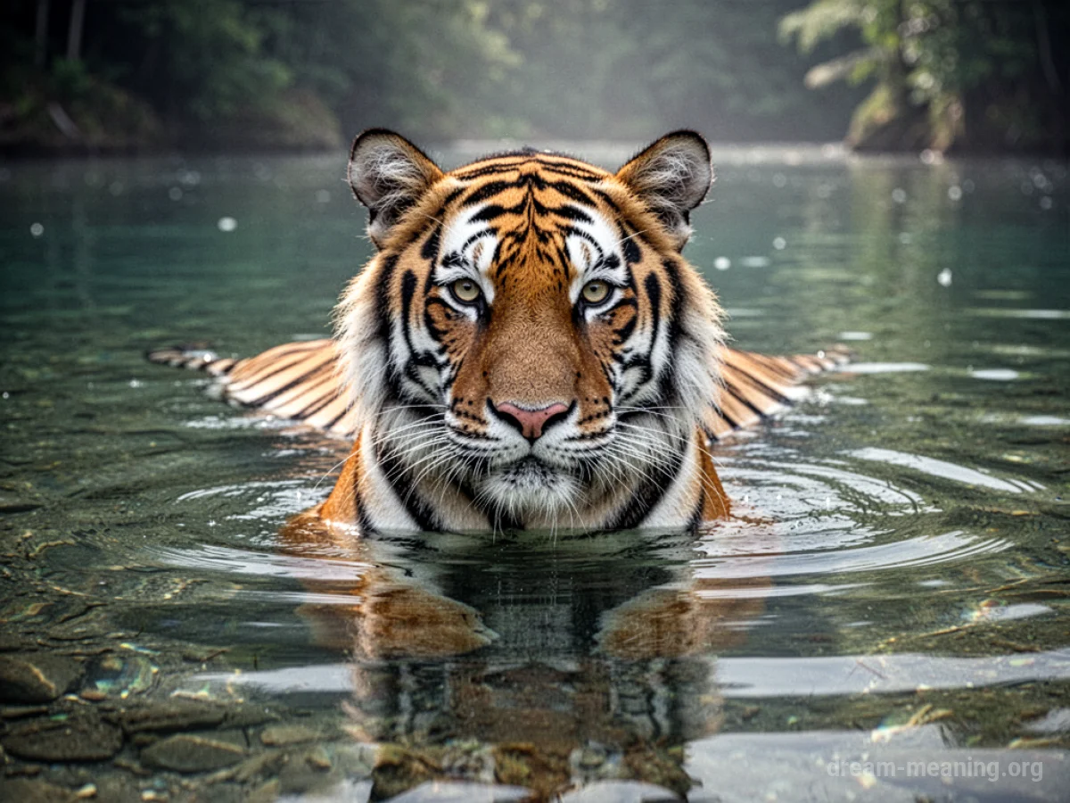 A tiger standing in water with its body partially submerged.