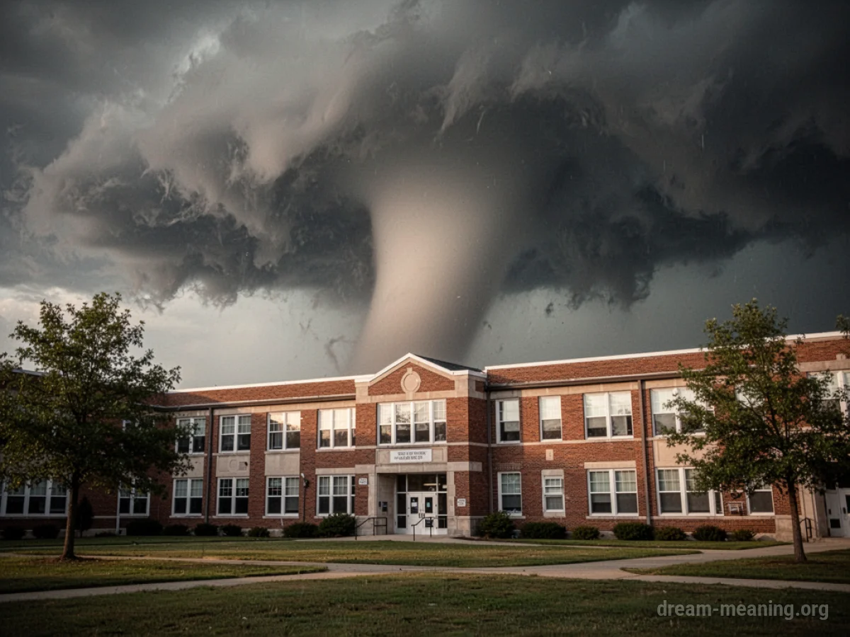 A school building under a stormy sky with a tornado in the background.