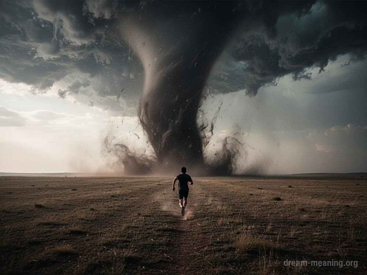 Silhouette of a person running away from a large tornado in a desolate landscape.