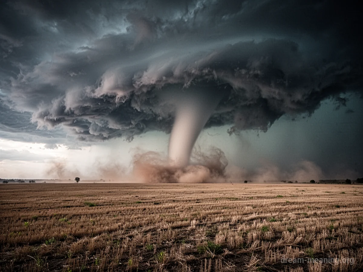 A tornado funnel cloud touching down in a wide, open field under a turbulent sky.