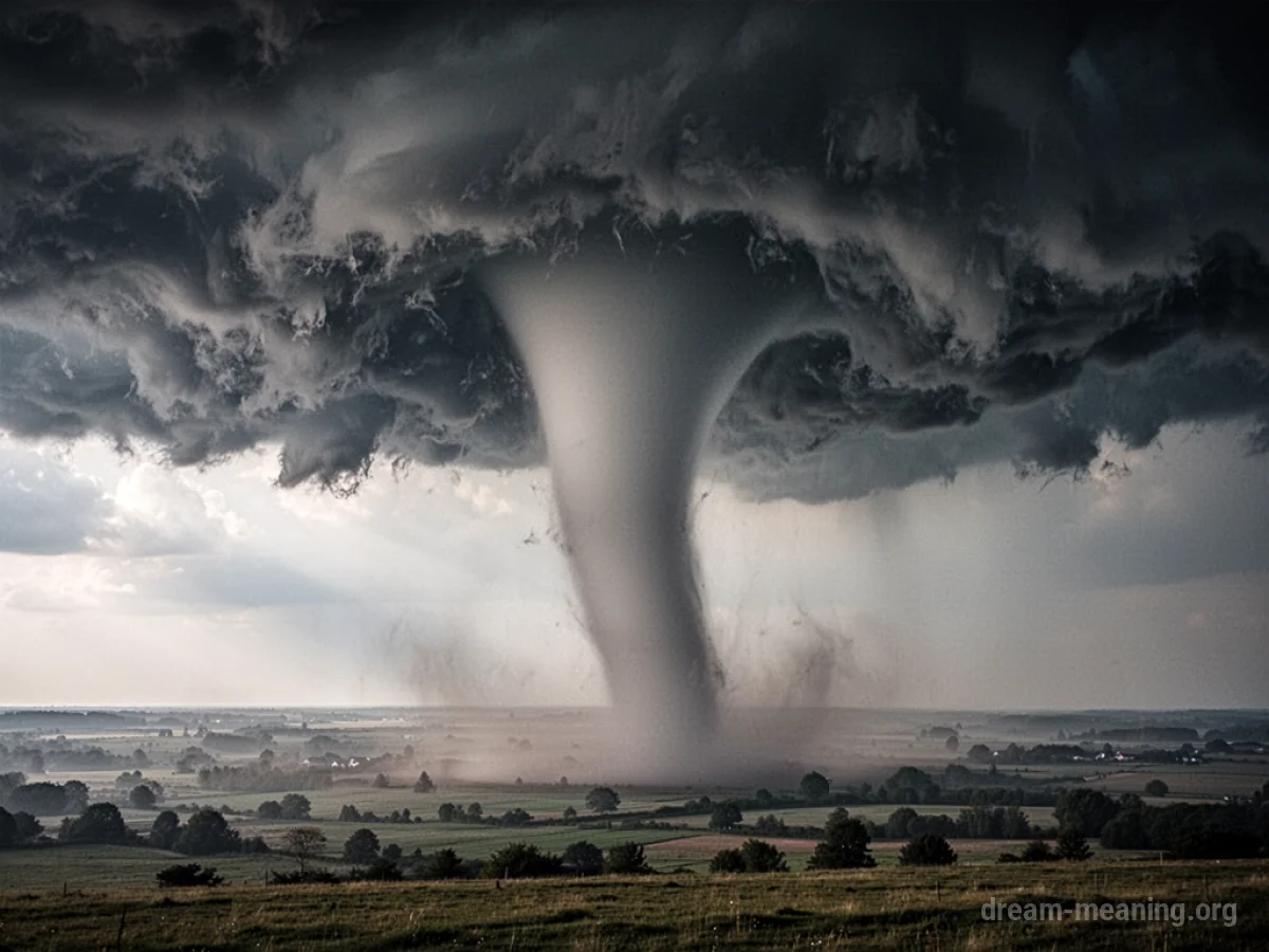 A dark funnel cloud extending from storm clouds towards a hazy horizon.