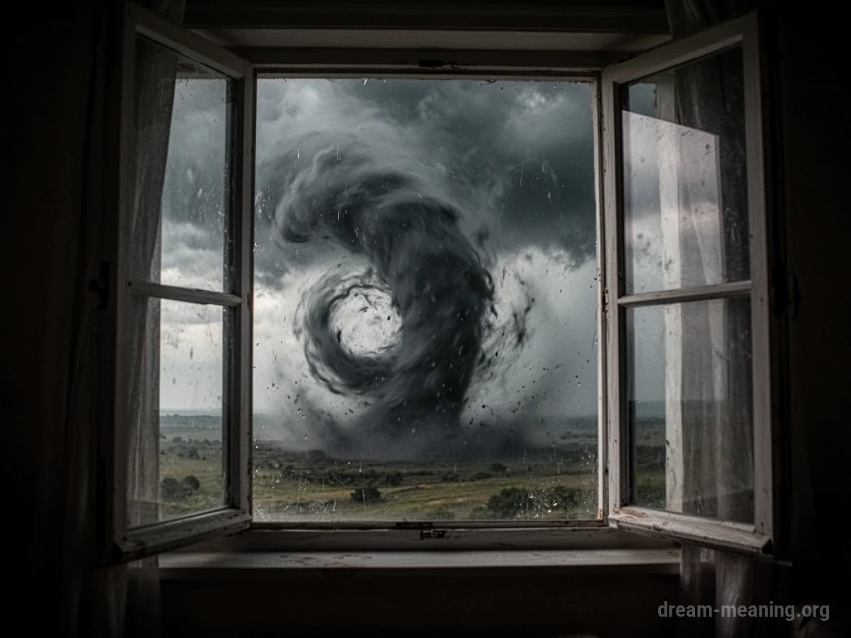 A tornado visible through a windowpane.