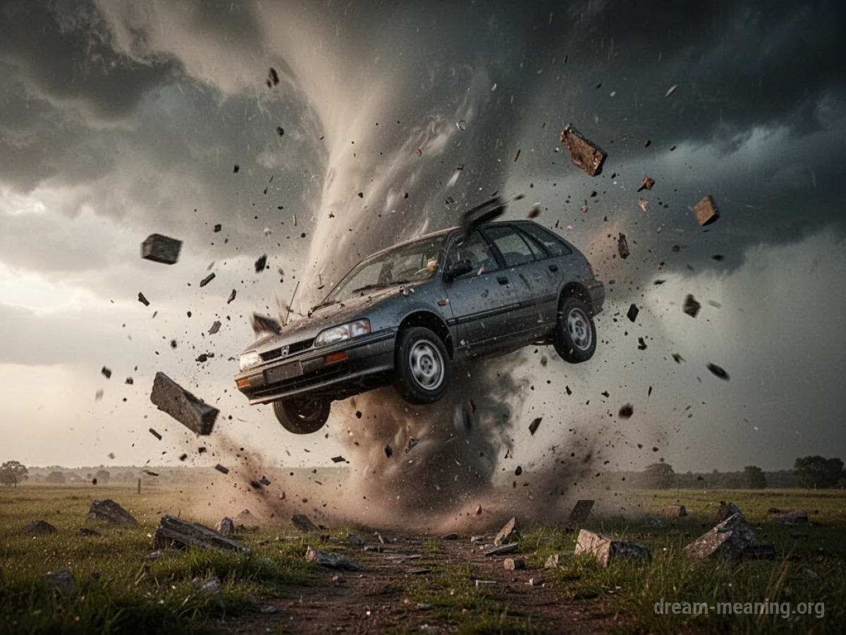 A car caught in the vortex of a tornado, being tossed into the air.