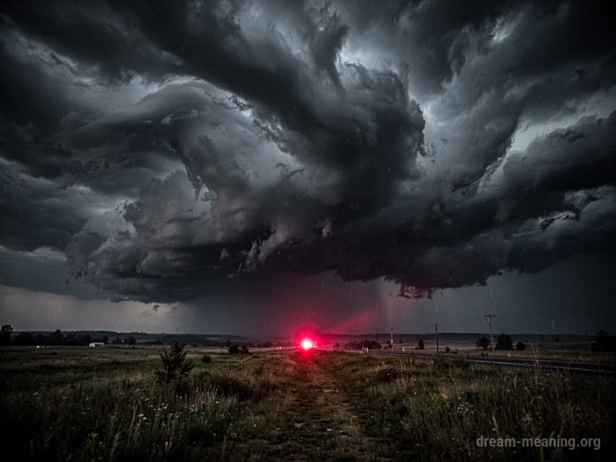 A dark sky with swirling clouds and a distant red siren light.
