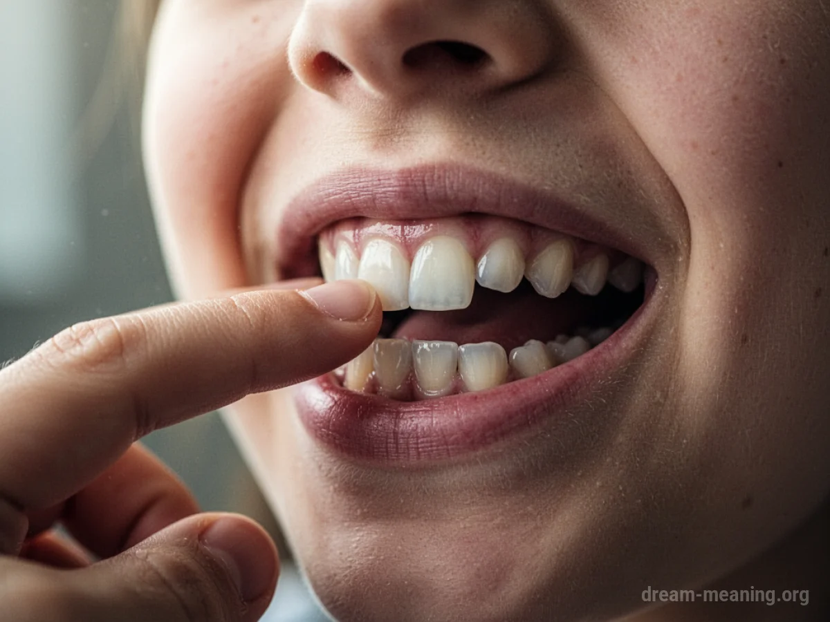 A person's finger touching a loose tooth inside their mouth.