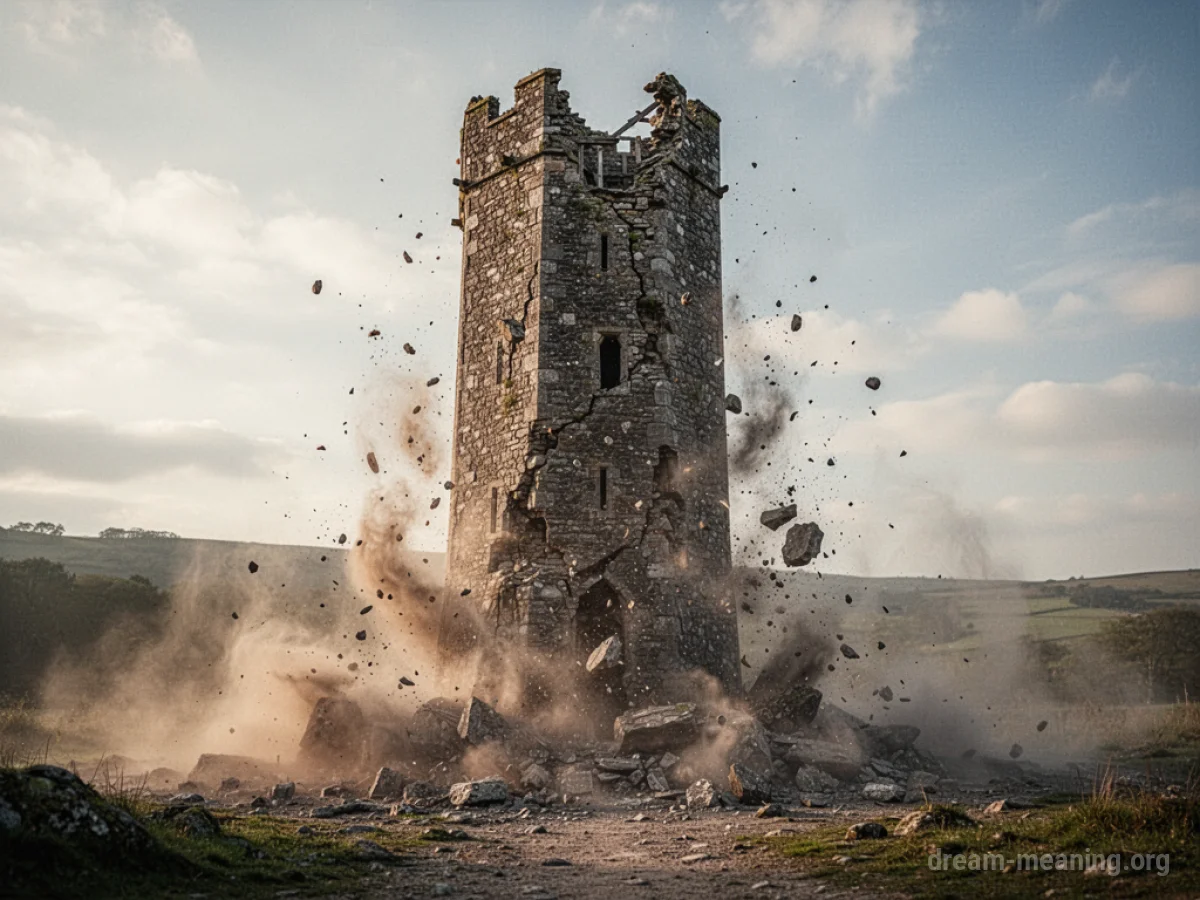 A stone tower breaking apart and falling.
