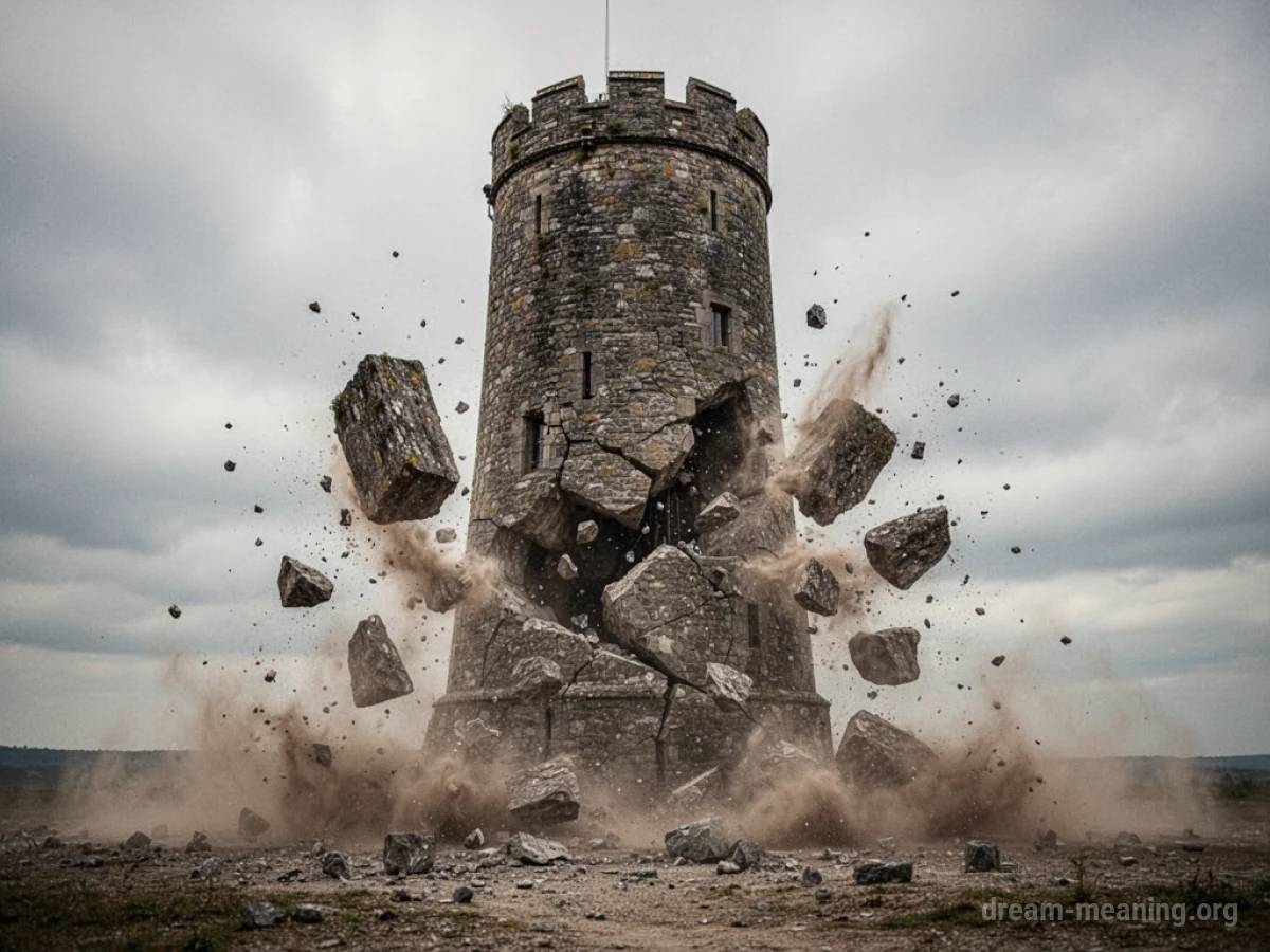 A stone tower disintegrating into rubble.
