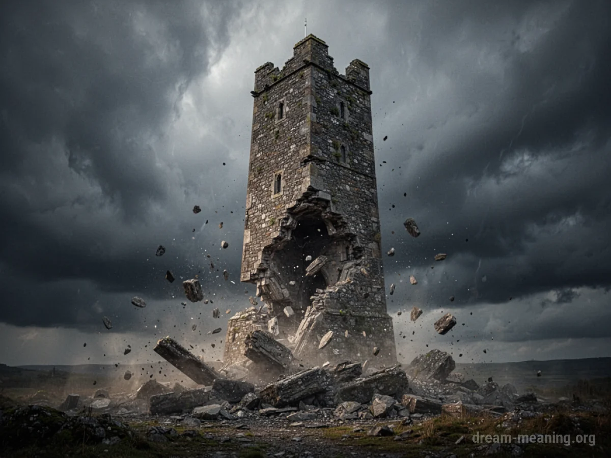 A stone tower disintegrating into rubble.
