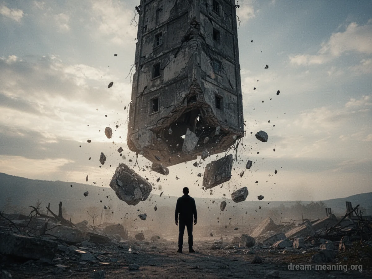A silhouette of a person beneath a large tower as it crumbles and falls.
