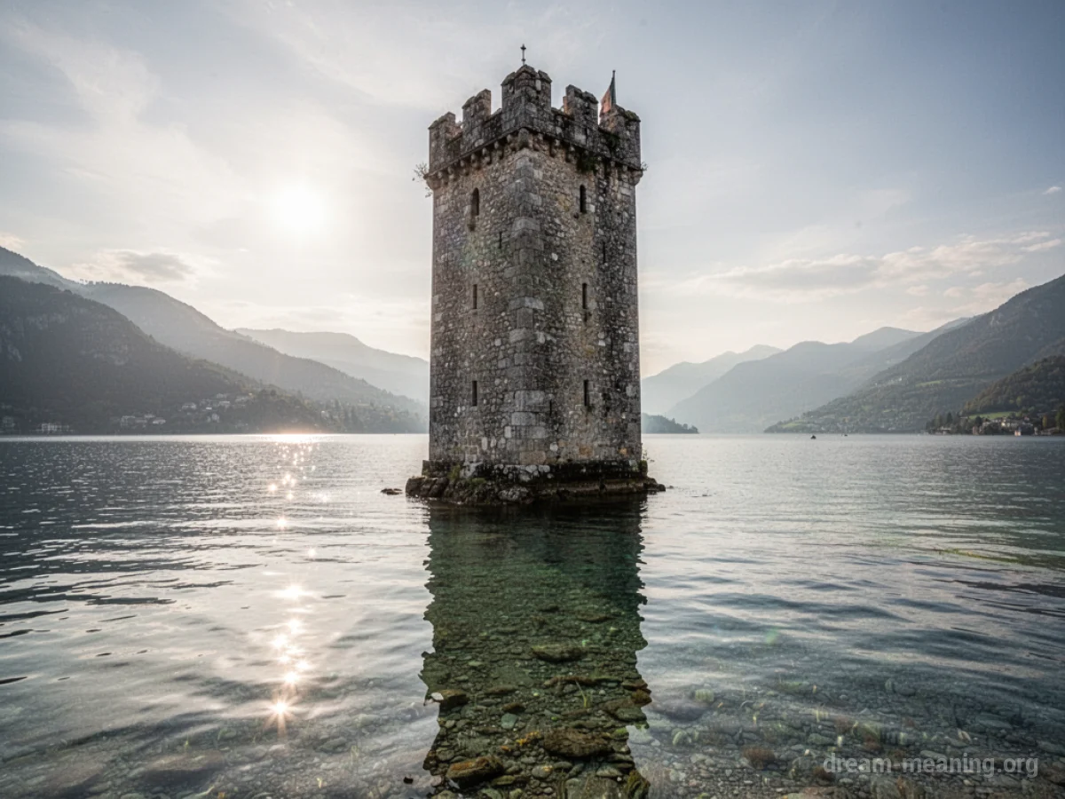 A stone tower with water reaching its base.