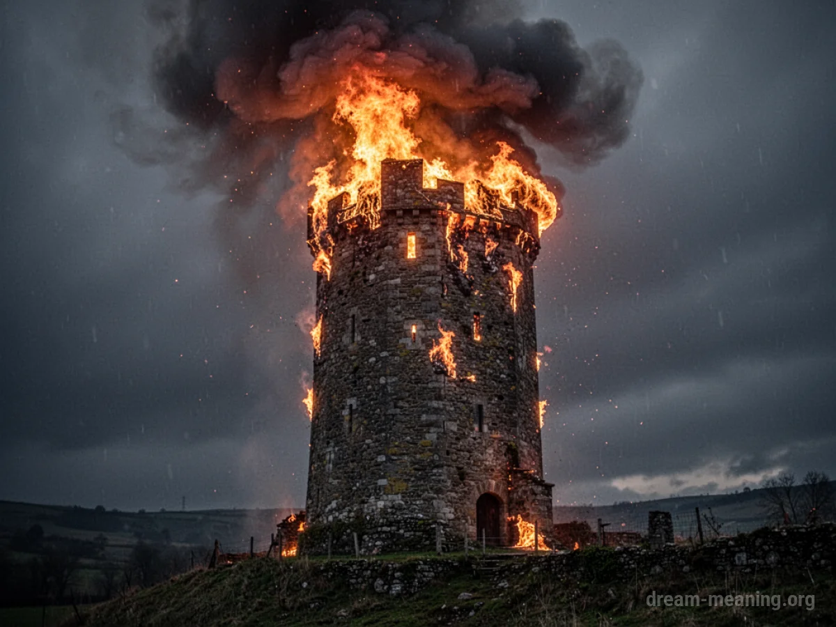 A tall tower burning with fire and smoke.