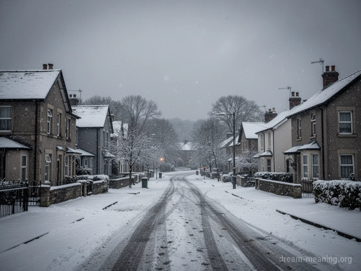 A town completely blanketed in thick snow.