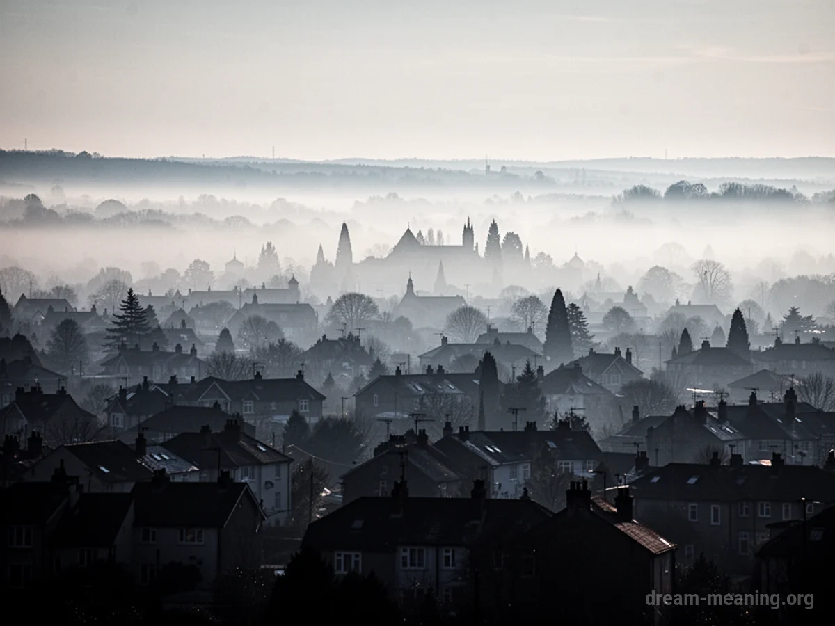 A town outline fading into a misty horizon.