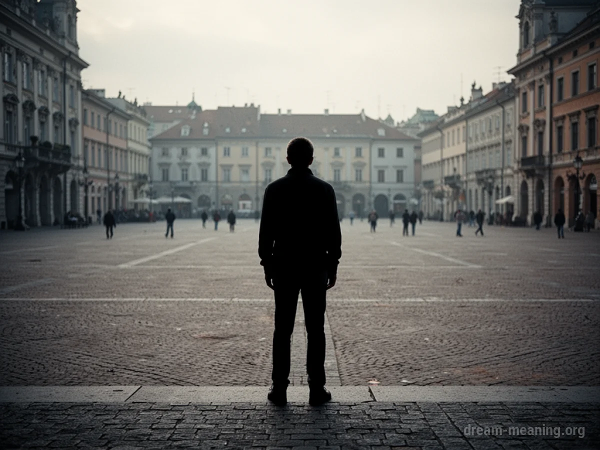 A lone figure in a deserted town square with blurred figures far away.