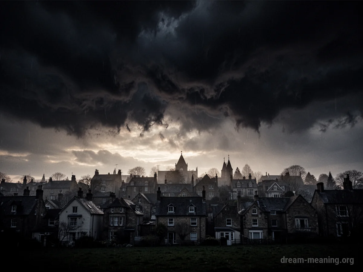 Silhouette of a town under a darkening sky.