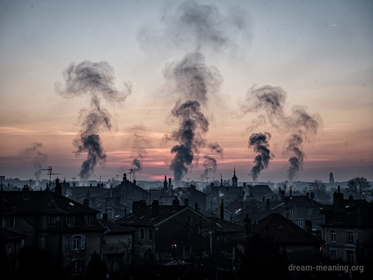 Silhouette of a town under a dark sky with smoke in the distance.
