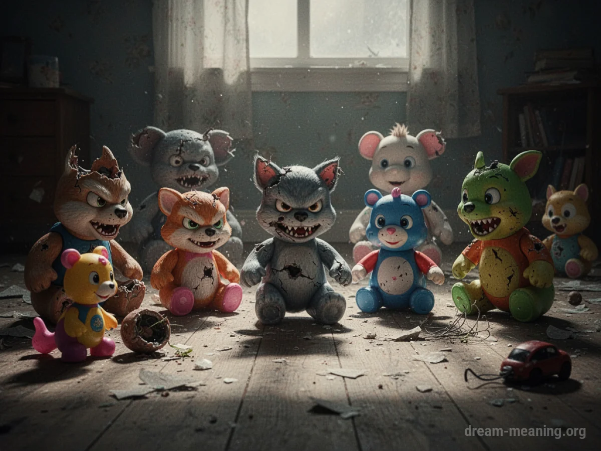 A shadowy room filled with unsettling children's toys.