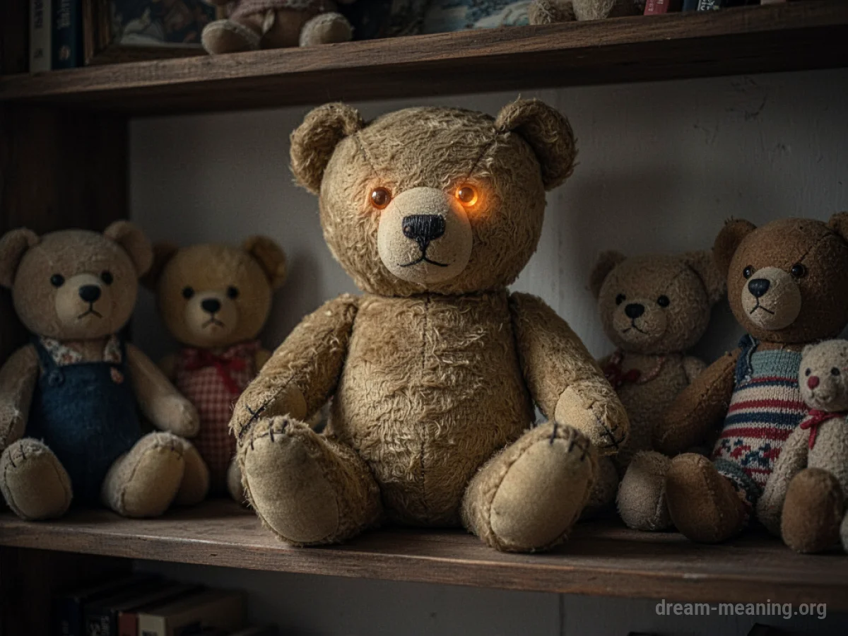 A teddy bear with glowing eyes on a shelf surrounded by other toys.